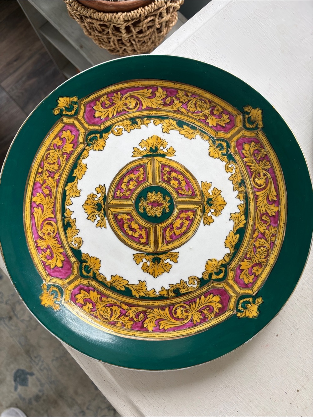 Andrea By Sadek Green, Pink and Gold Decorative Ceramic Plate
